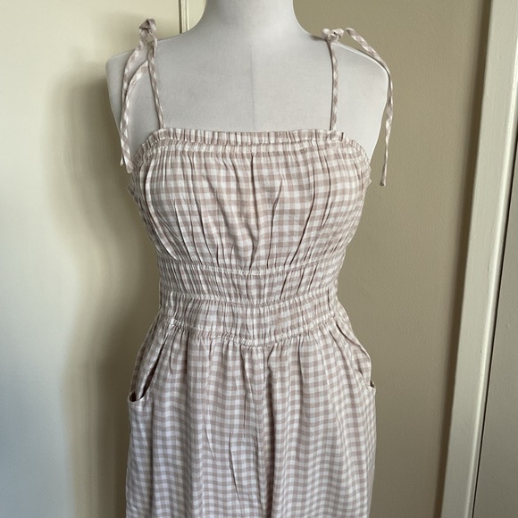 Sincerely Jules Tan White Gingham Jumpsuit S Smocked Wide Leg Summer Boho - Picture 3 of 6